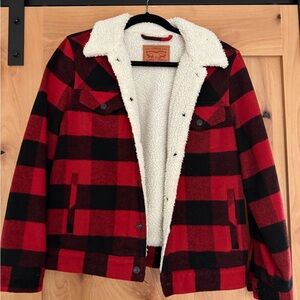 Levi's Buffalo Plaid Checkered Jacket, White Sherpa Lined Jacket, Unisex, small